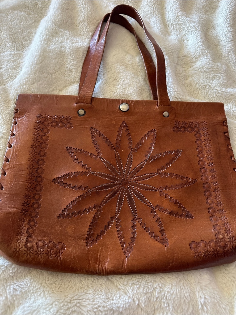 Handcrafted Brown Leather Tote Bag with Starburst Cutwork